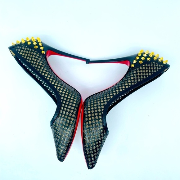 Christian Louboutin Black Leather Mesh Guni Spiked Gold stud 100mm pumps EU 38.5 - Picture 4 of 14